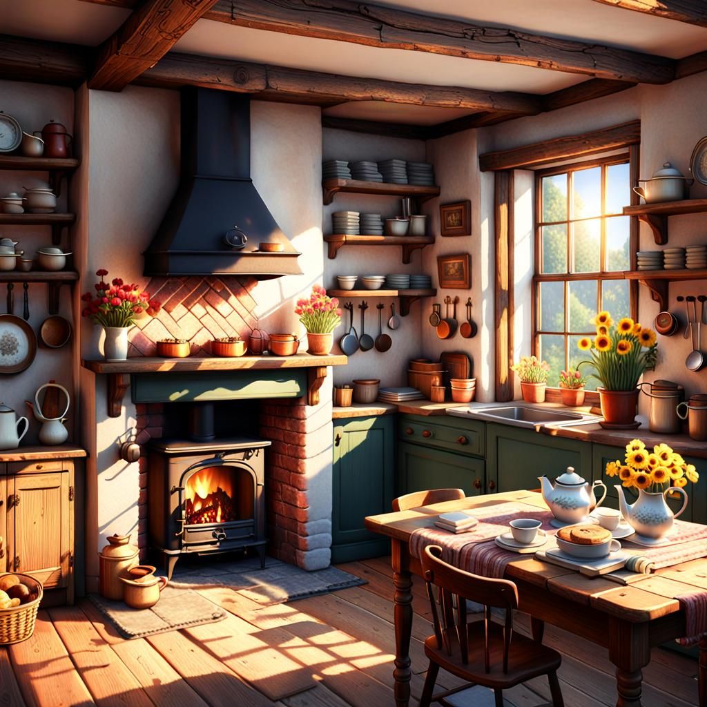 Cozy Cottage Kitchen with Fireplace as 3D Art
