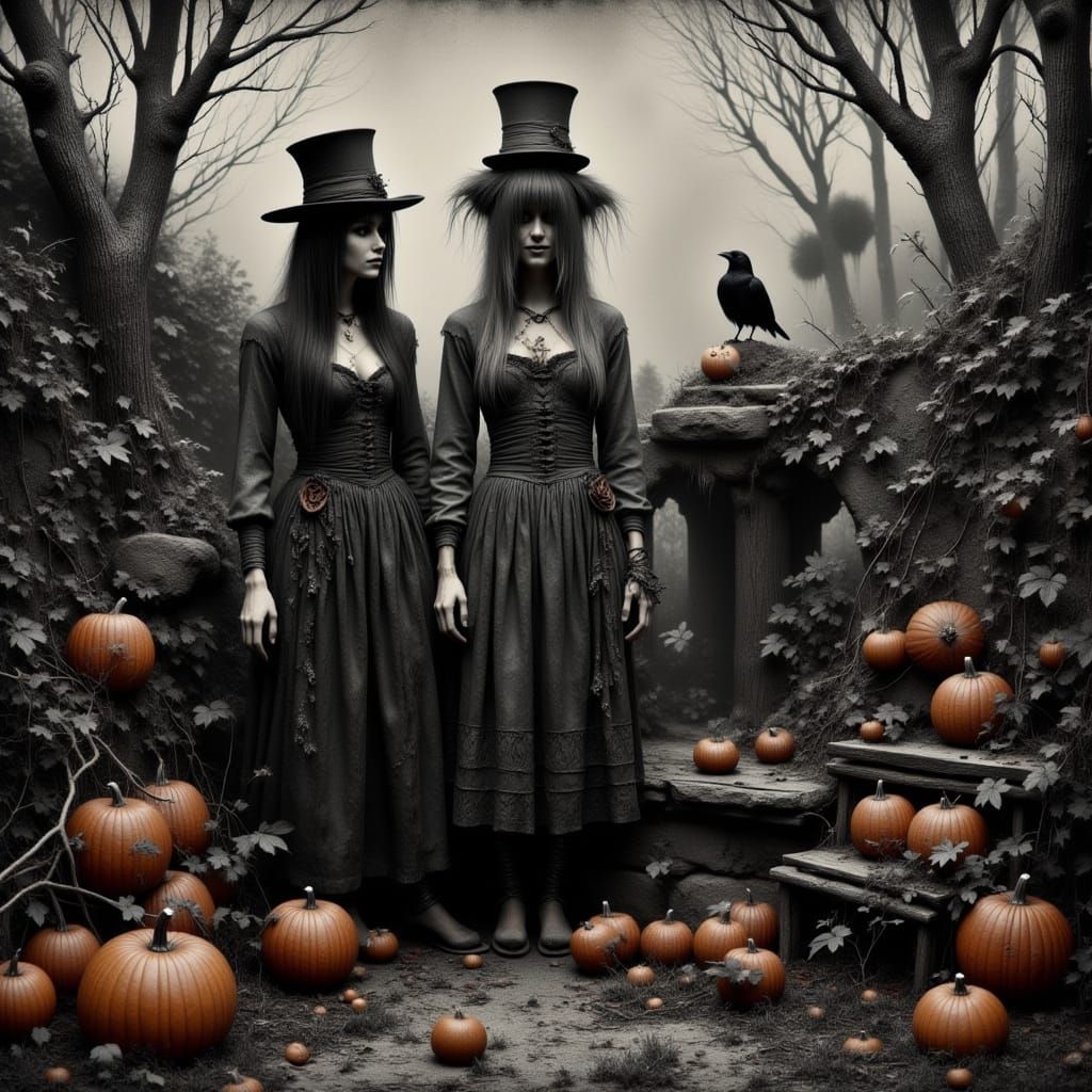 Gothic Witch Carving Pumpkins in Vintage Halloween Forest