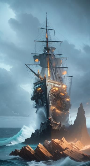 Medieval Warrior Woman in Stormy Naval Battle