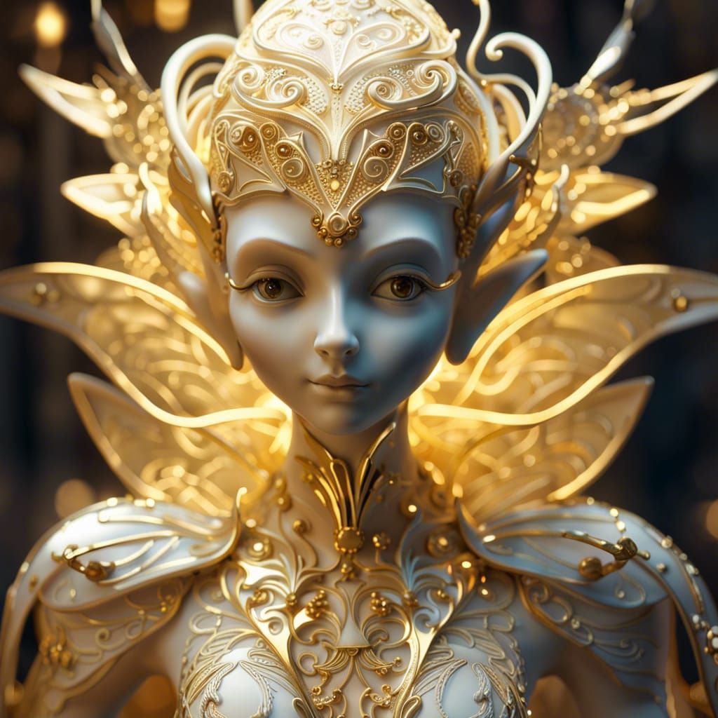 Porcelain Elf-Fairy with Gold Wings in Surreal Style
