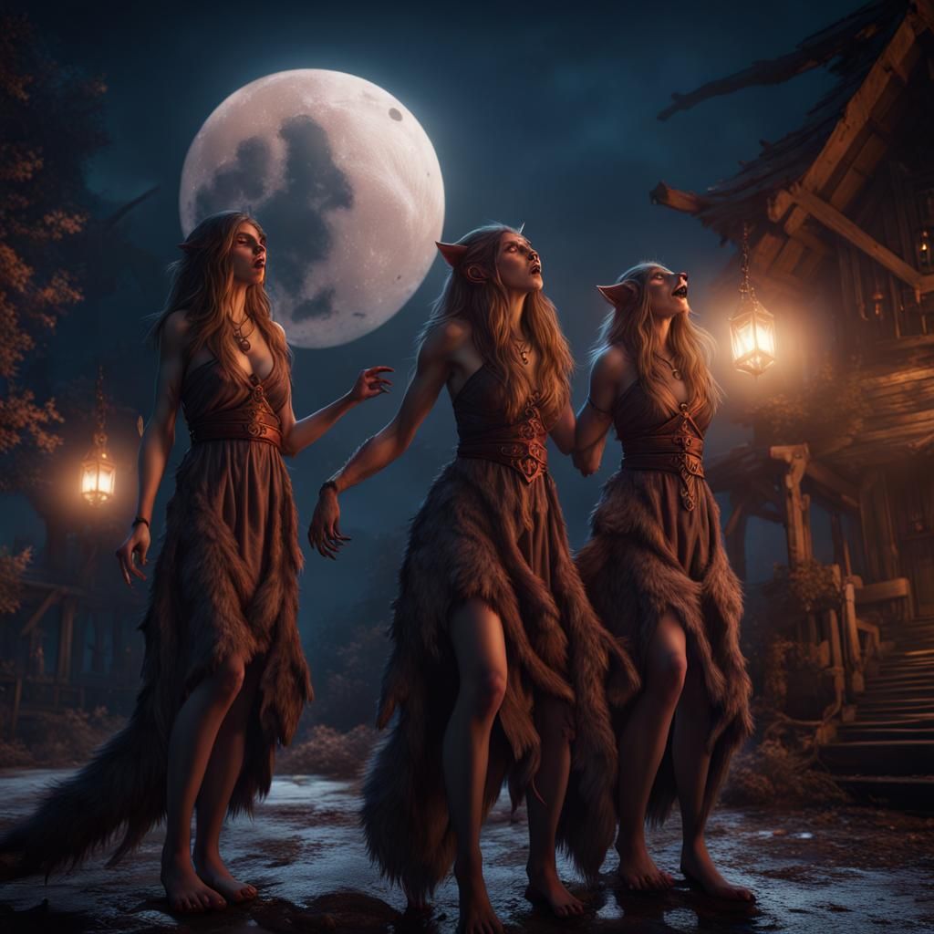 Mystic Werewolf Girls Howling at Moon in Fantasy Art