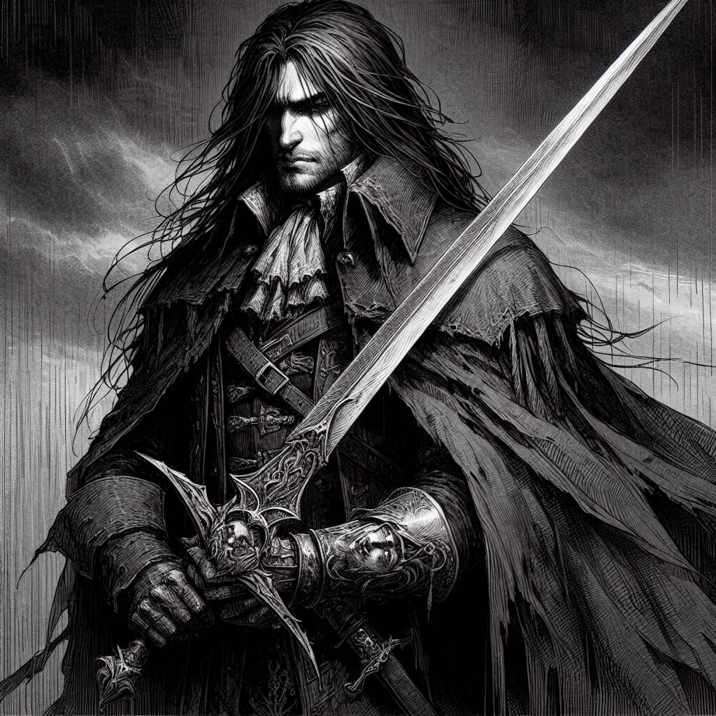 Dark Gothic Vampire Hunter in Stormy Night
