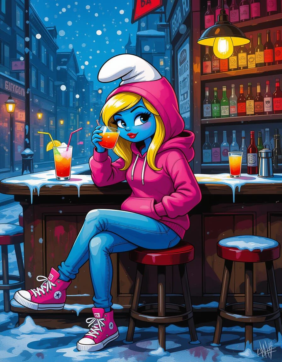 Smurfette Enjoys a Cocktail in a Winter Bar