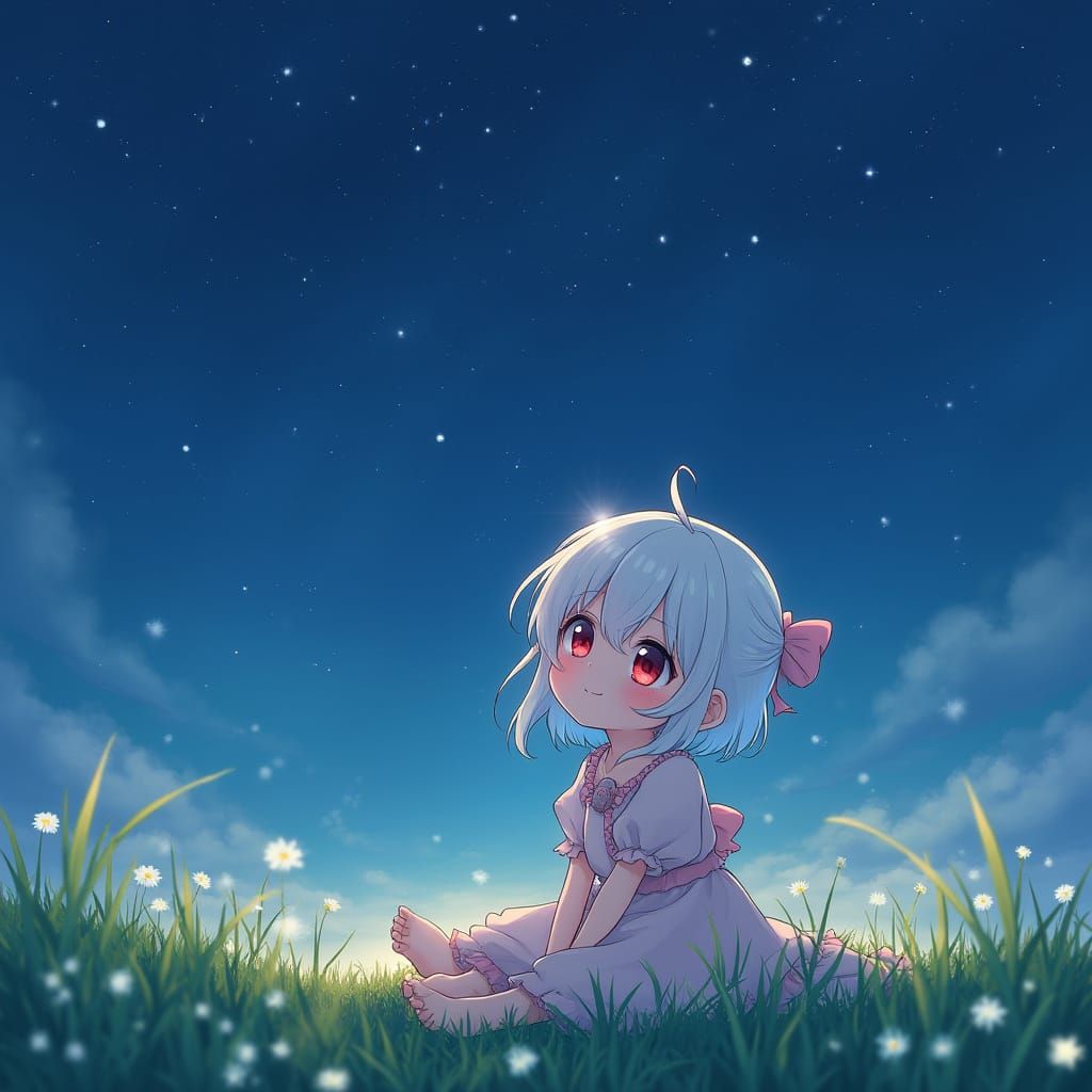 Anime Girl with Red Eyes Gazing at Starry Sky
