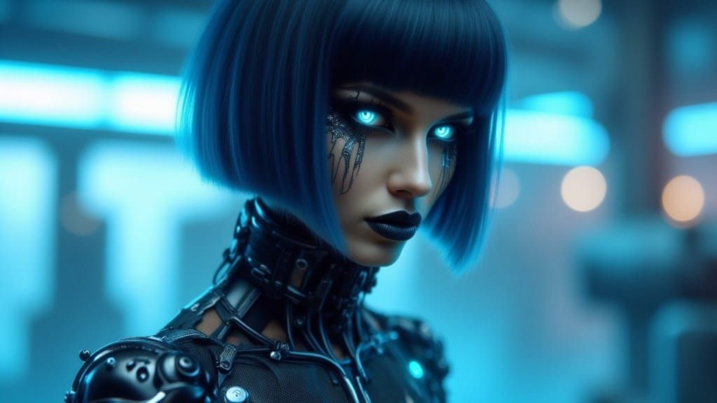 Cyberpunk Woman with Glowing Eyes in Future Spaceport