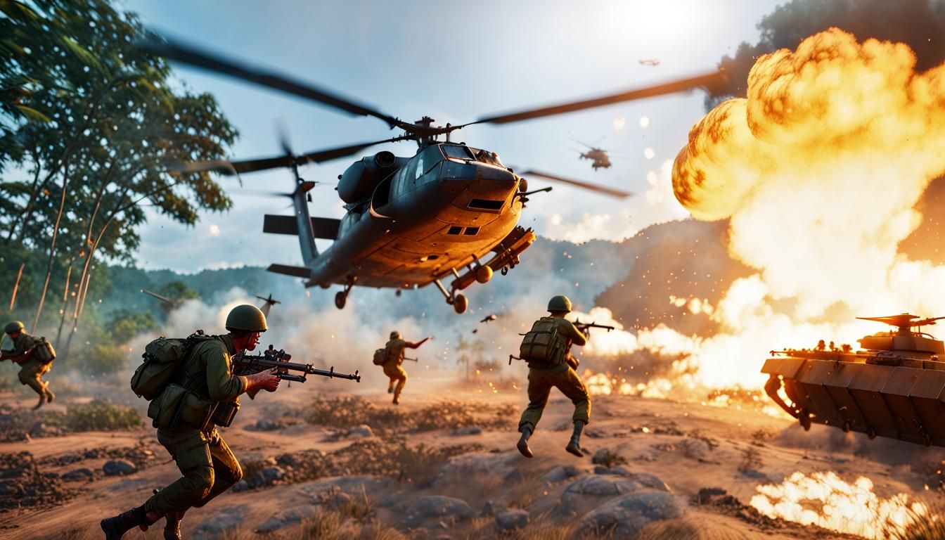 Ultra-realistic Battlefield 5 gameplay, vietnam scenario, Soldiers, Tanks, Huey-Helicopter, firing, explosions, fire, go...