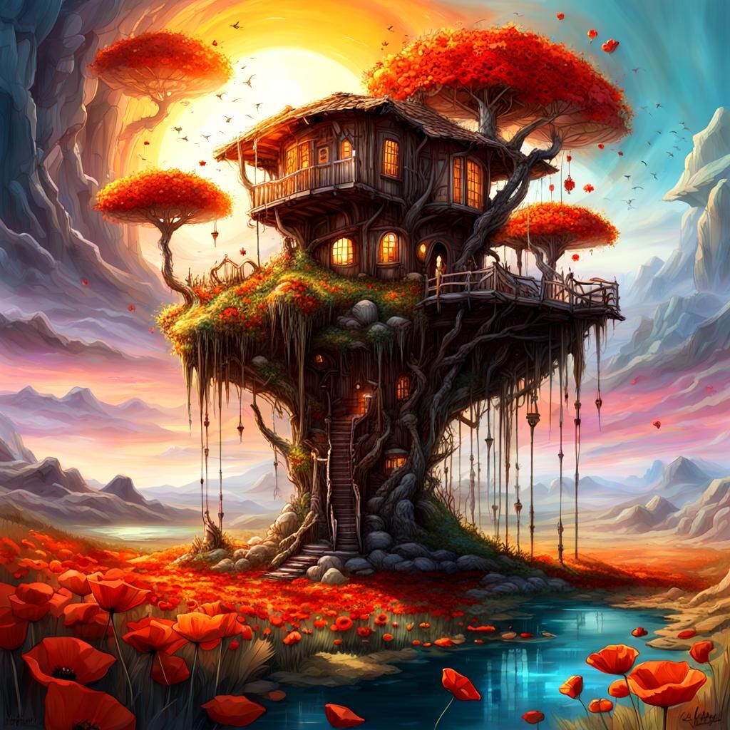 Poppy Treehouse Island: Fantasy Art in Vibrant Colors