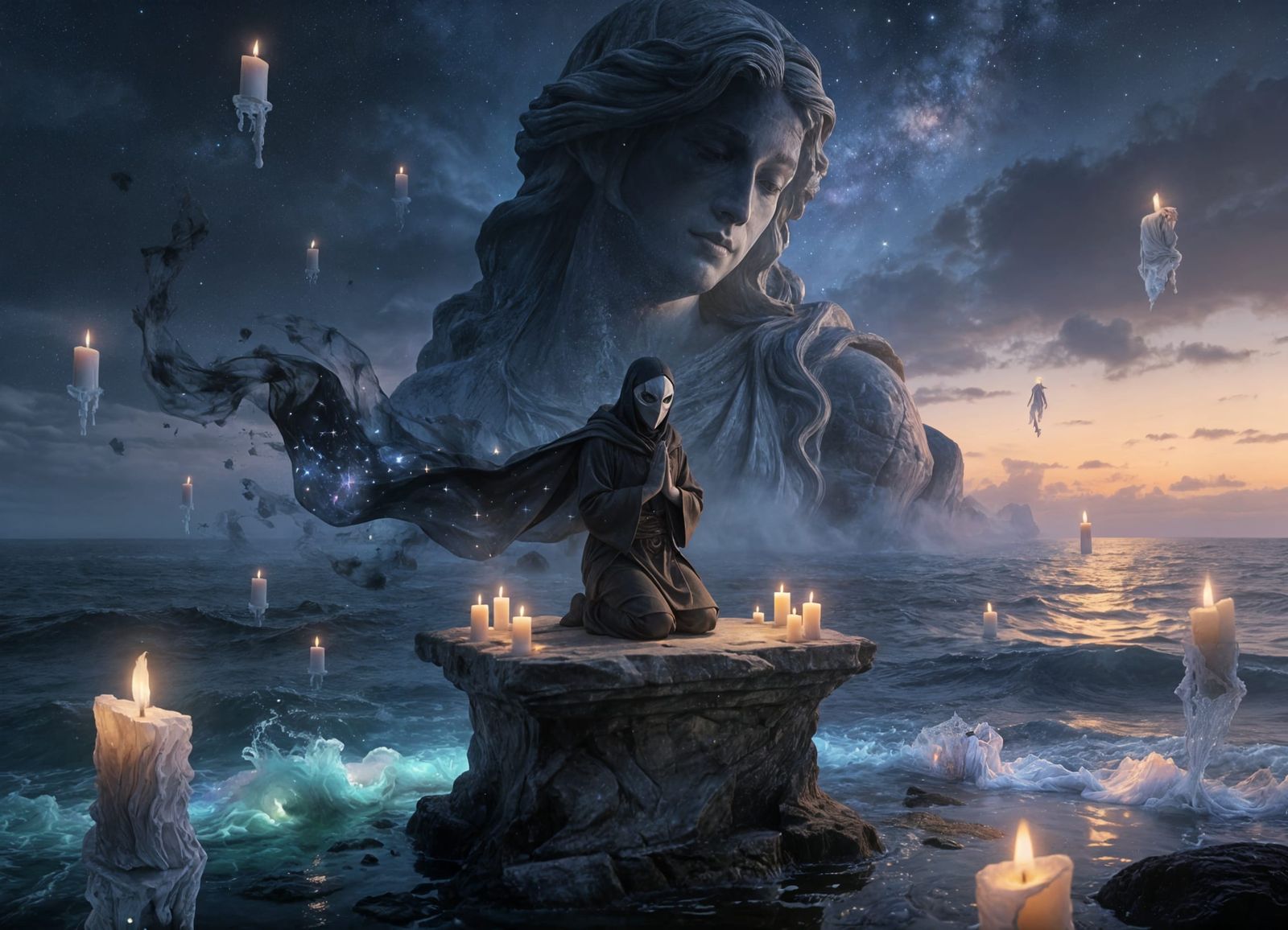 Mythic Figure Kneels at Twilight Altar