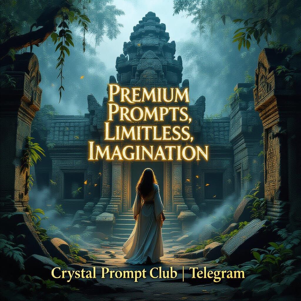 Ethereal Jungle Temple Scene with Glowing Text