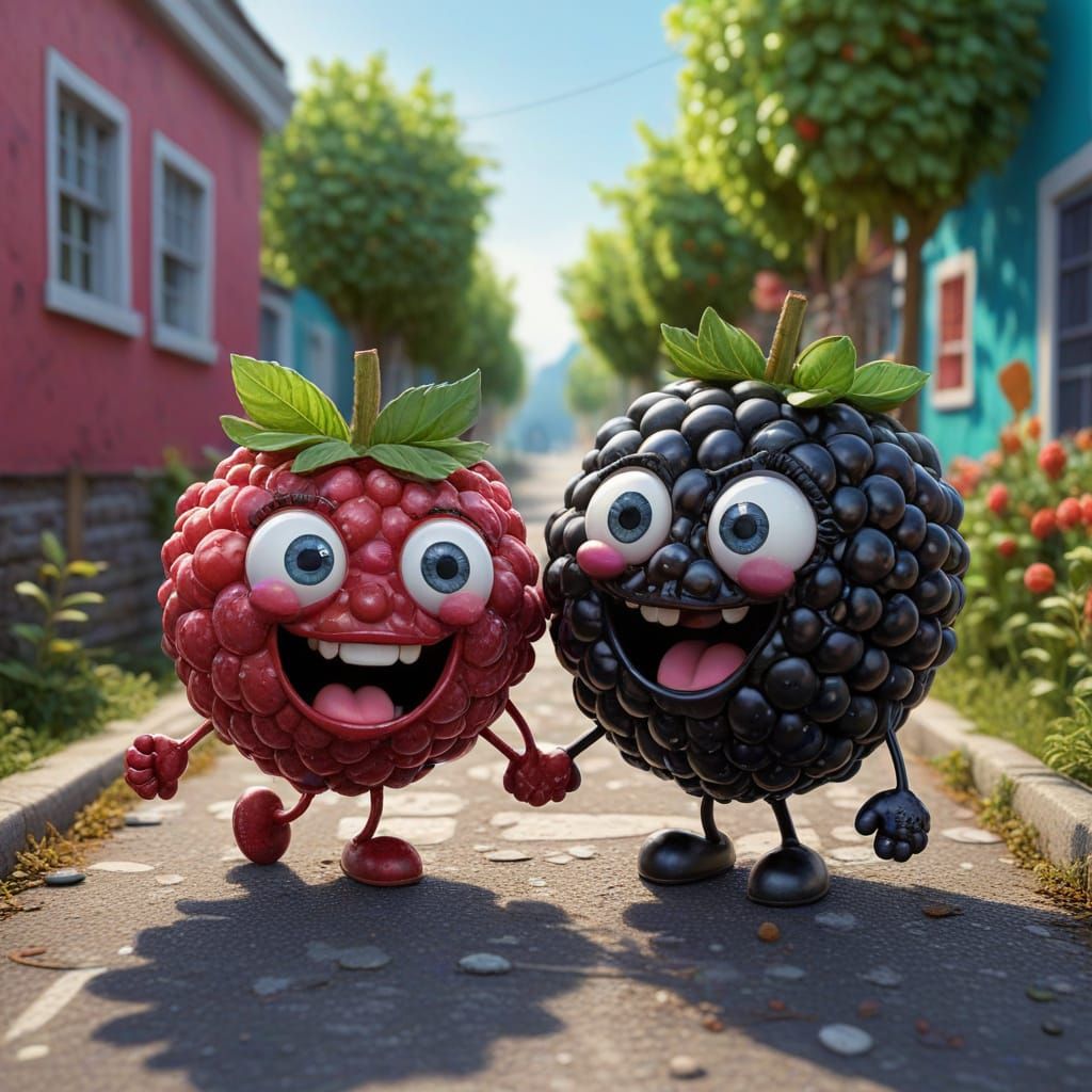 Joyful Fruity Friends Stroll in a Vibrant Landscape