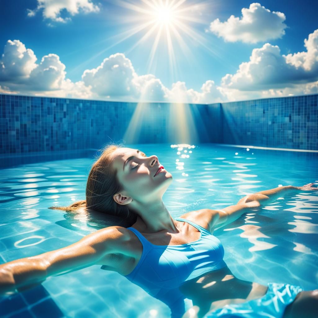 Woman Relaxing in Pool with Sunshine Beams