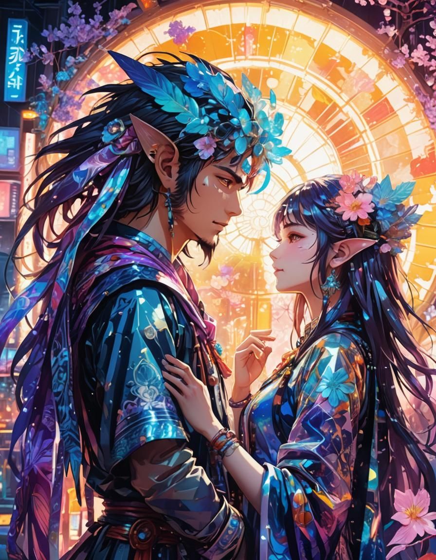 Neon Fantasy Couple in Elaborate Anime Style