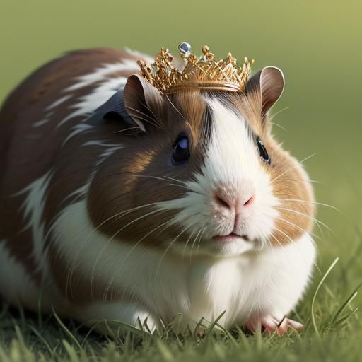 Guinea Pig Portrait with Crown in Grassy Field