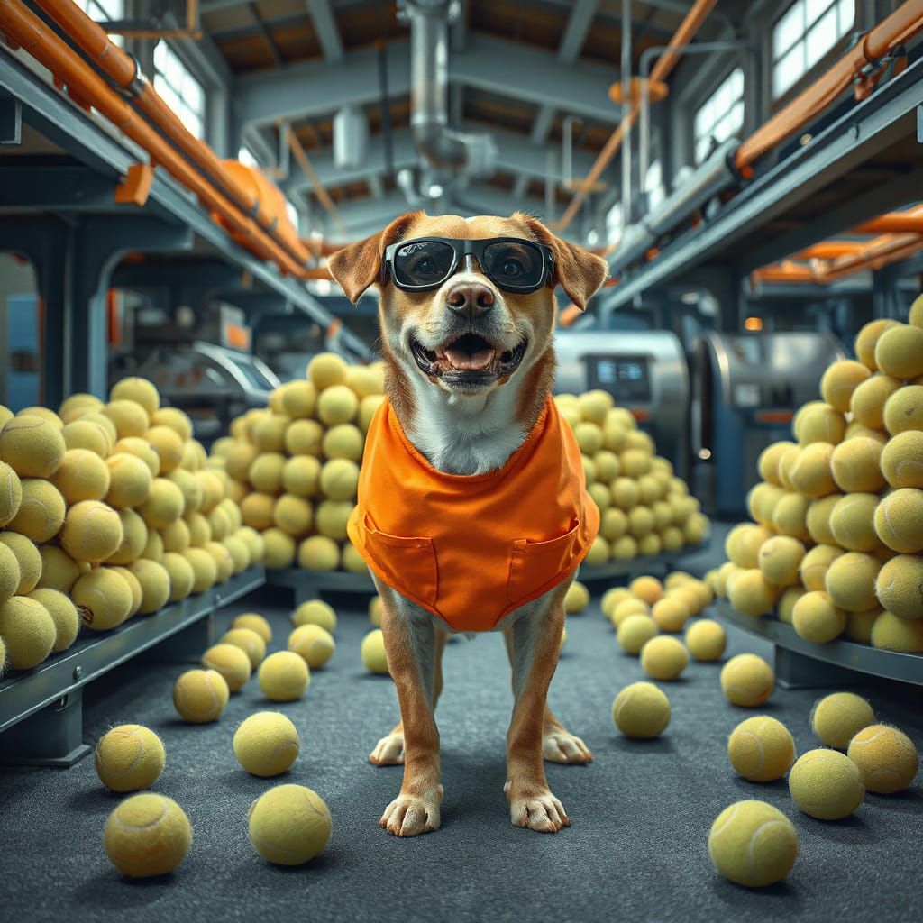 Dog Inspector in Whimsical Tennis Ball Factory