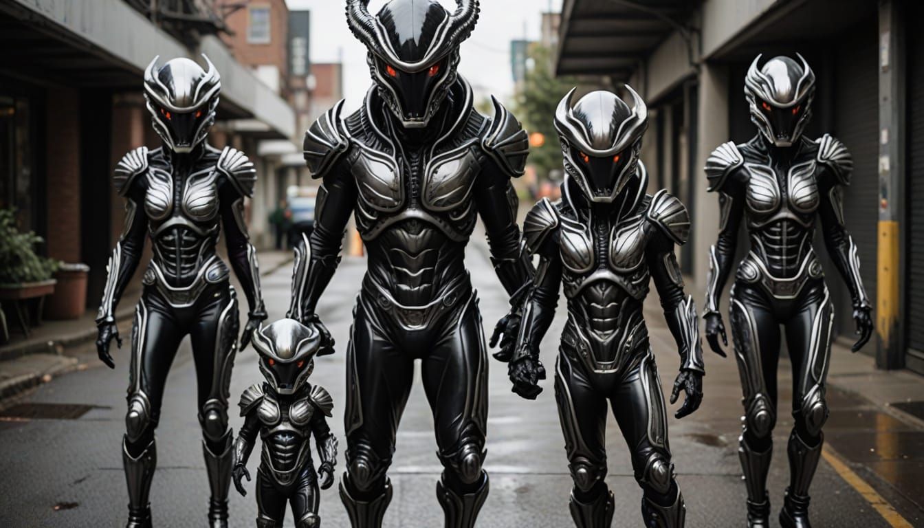 Family in Chrome Latex Xenomorph Costumes