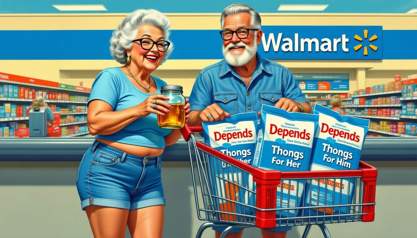 Whimsical Walmart Checkout Scene with Quirky Couple