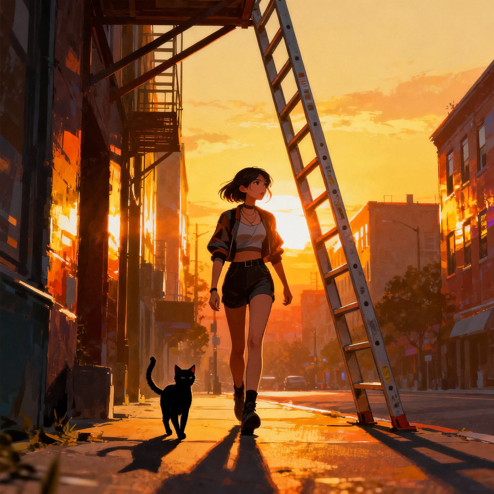 Woman Defies Superstition Under Ladder at Sunset