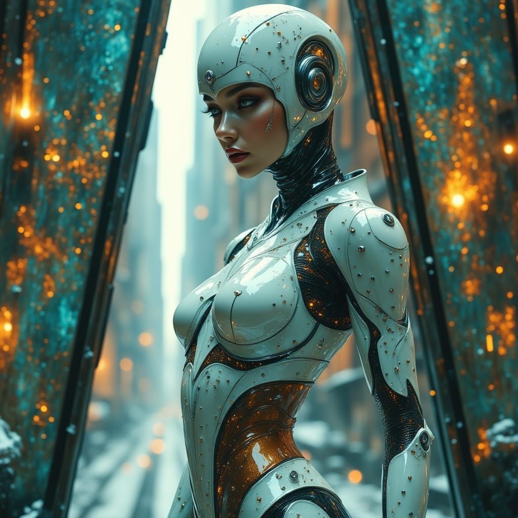 Futuristic Cyborg Model on Spaceship Bay Doors