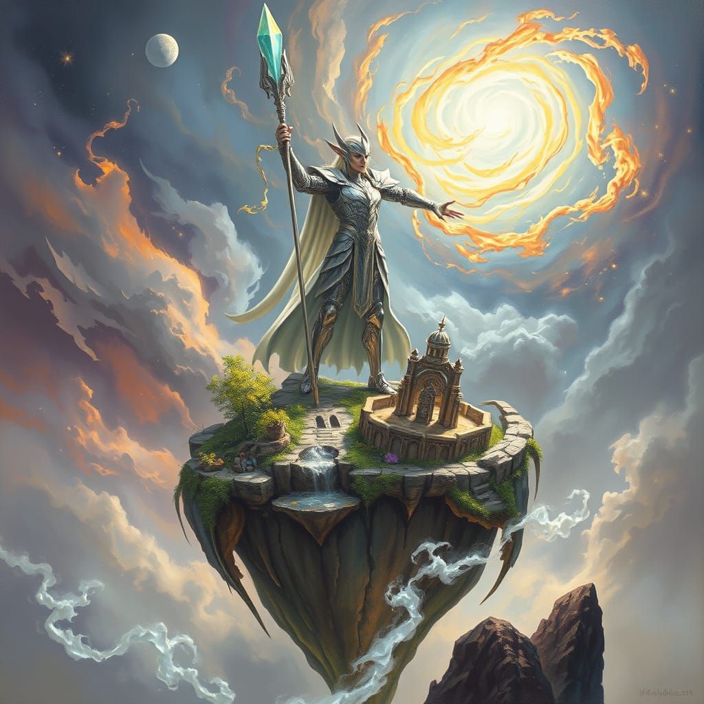 High Elf Warrior on Floating Island in Expressionist Style