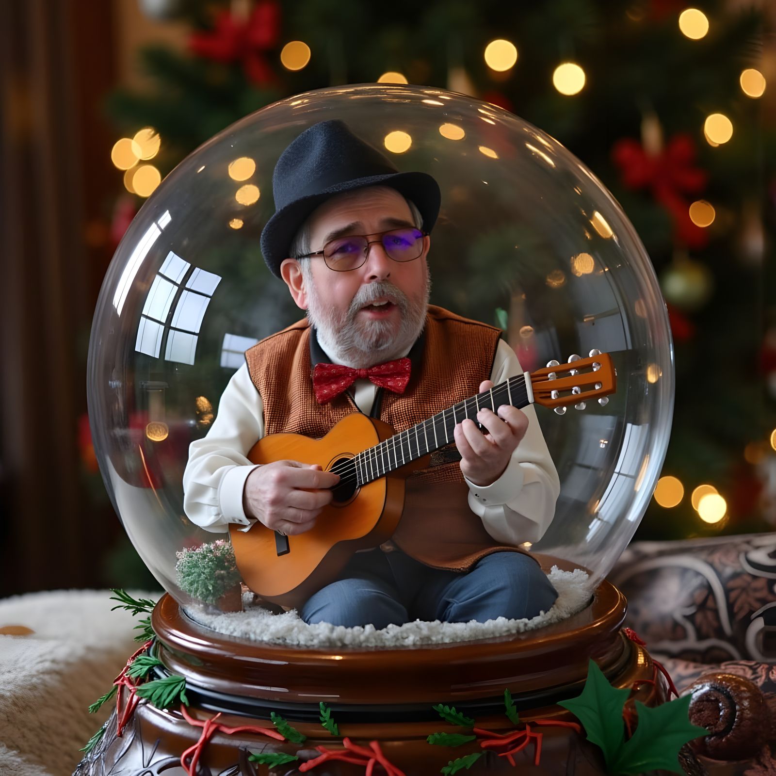 Adult Man Inside Snow Globe Singing Vocals in Intricate Deta...