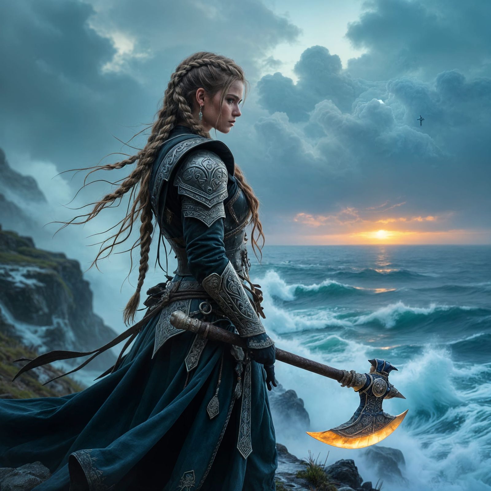 Viking Maiden on Stormy Cliff Overlooking Sea