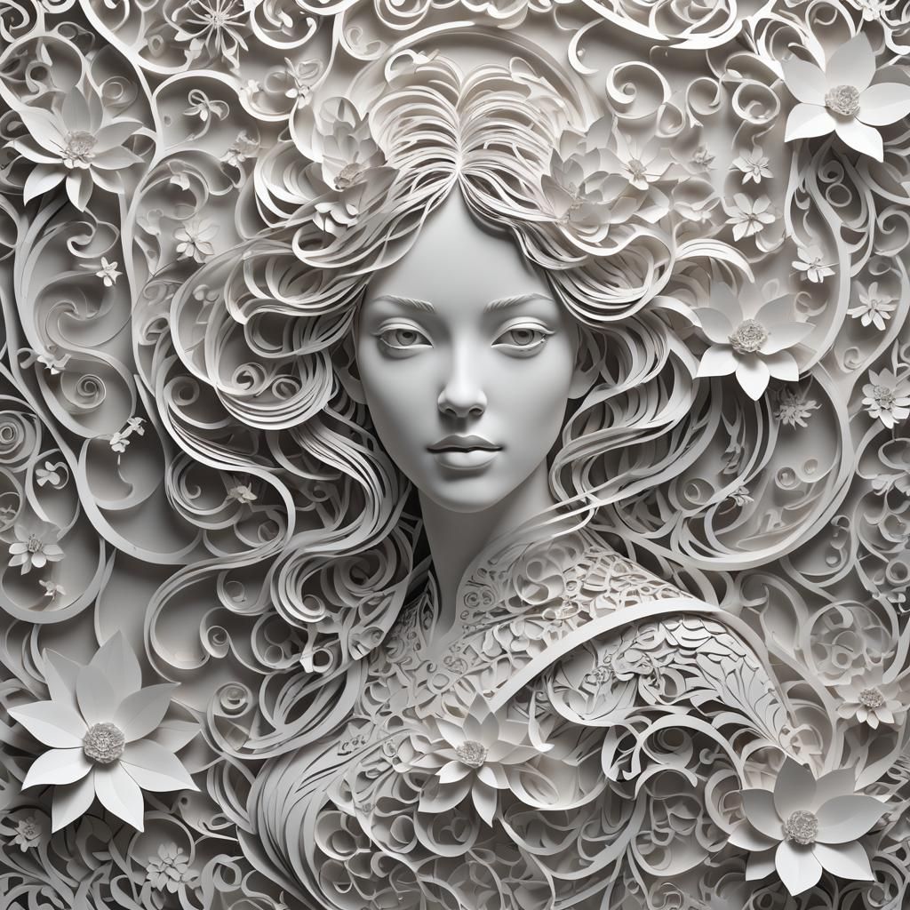 Intricate White Papercut Tessellations of Girl on Flowers