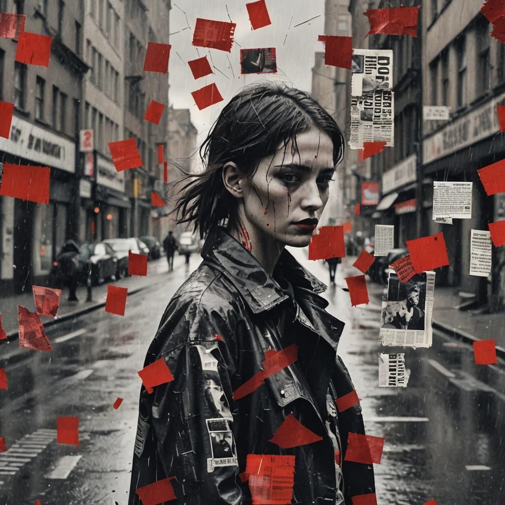 Bauhaus Collage of a Frayed Woman in Rainy City