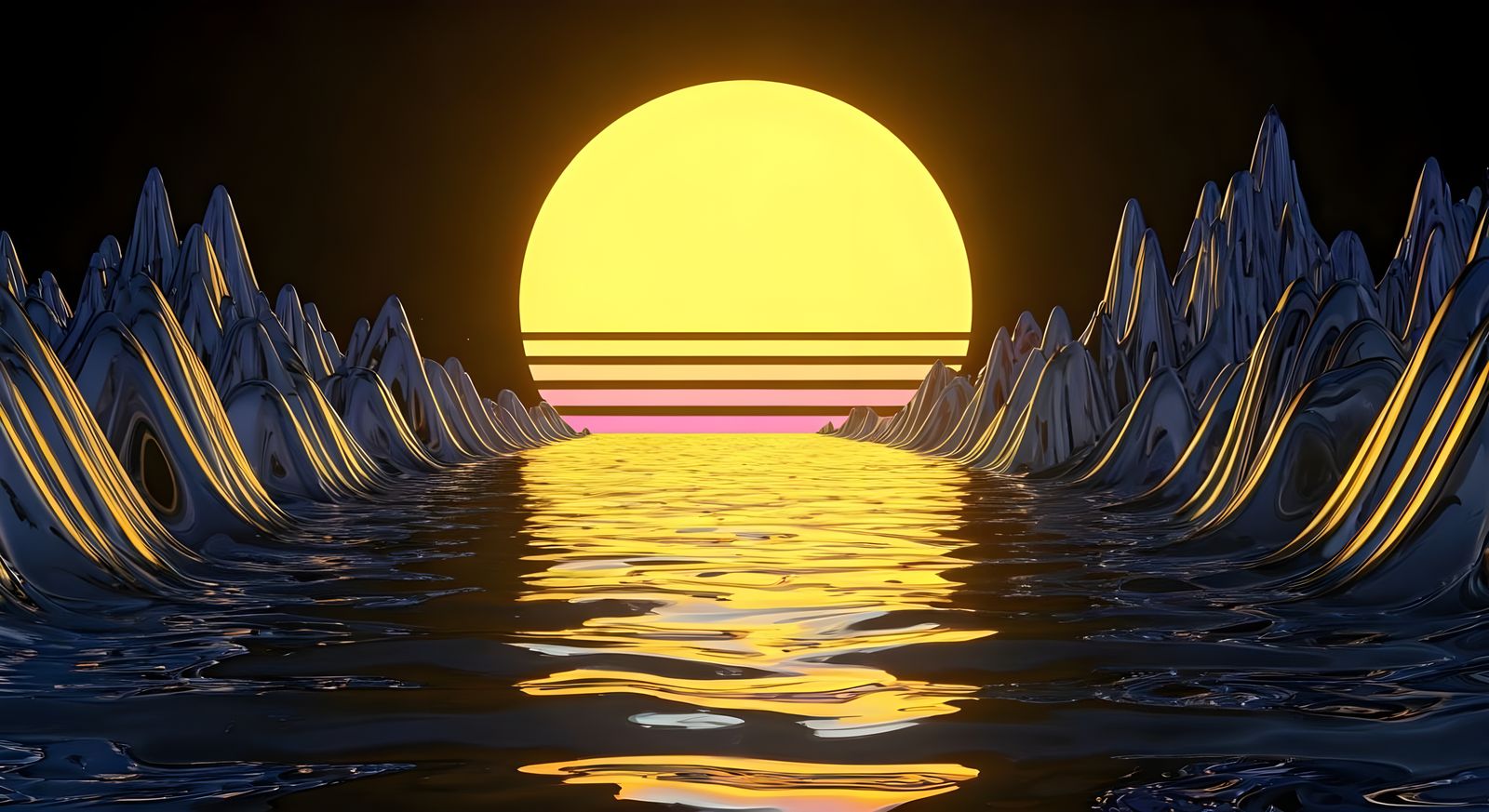 Retro Futuristic Liquid Chrome River Reflecting Summer Sun