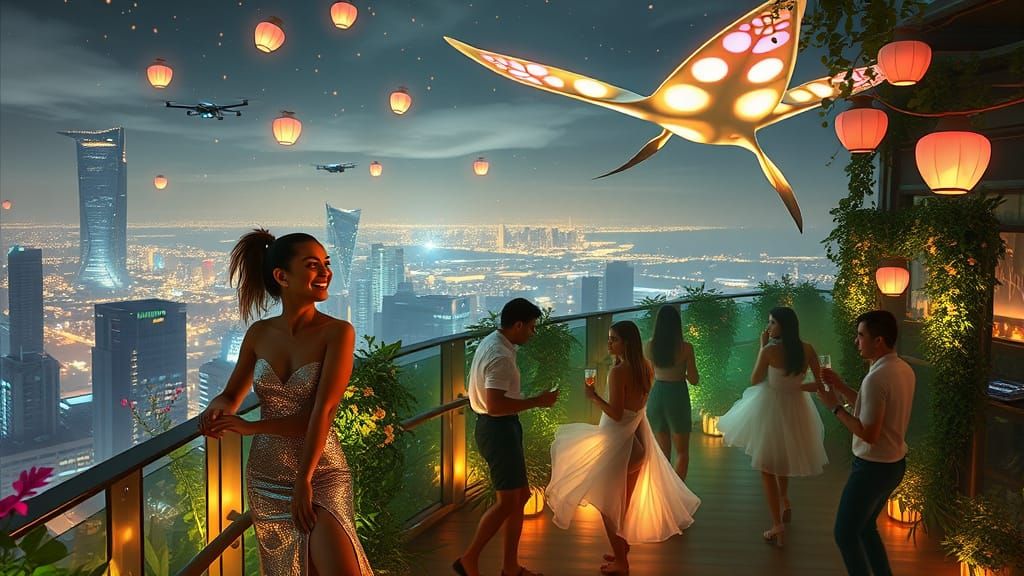 Futuristic Rooftop Garden Party Under Starry Night Sky