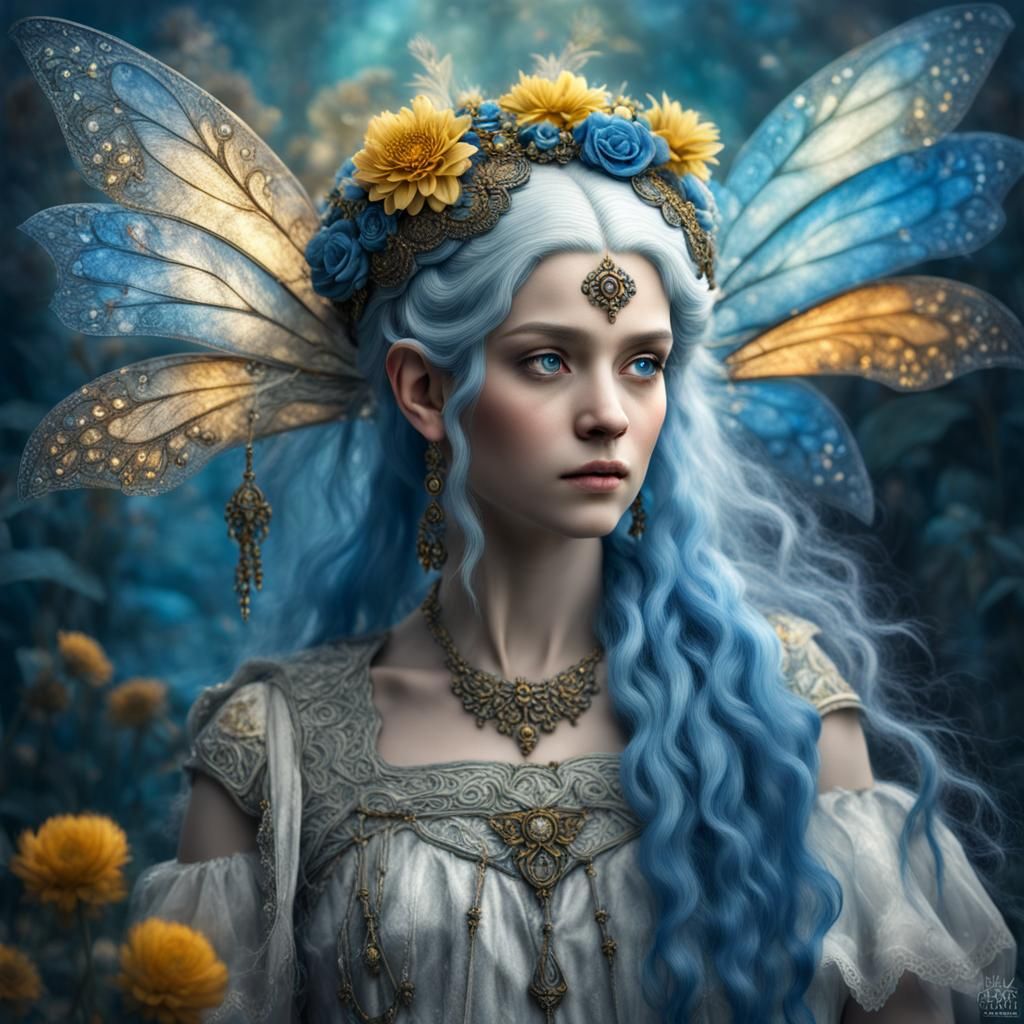 Beautiful Blue-Haired Faerie in White Dress