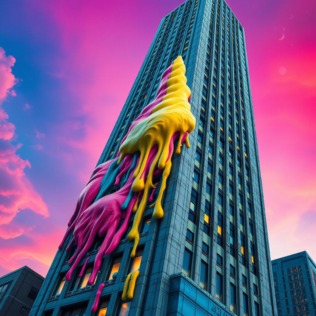 A giant ice cream cone melting down the side of a city skyscraper. Spectrum Cosmic Serenade hyperdetailed art deco eldri...