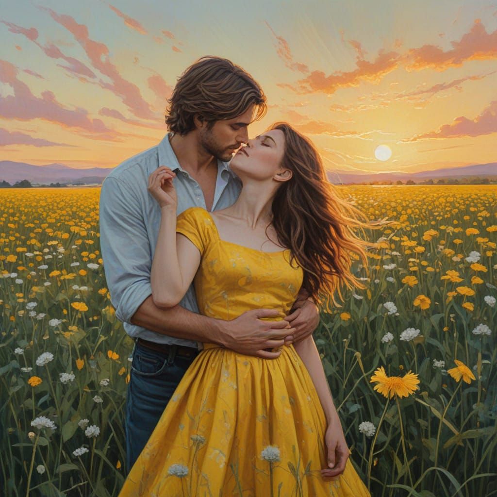 Couple Surrounded by Vibrant Dandelions at Sunset
