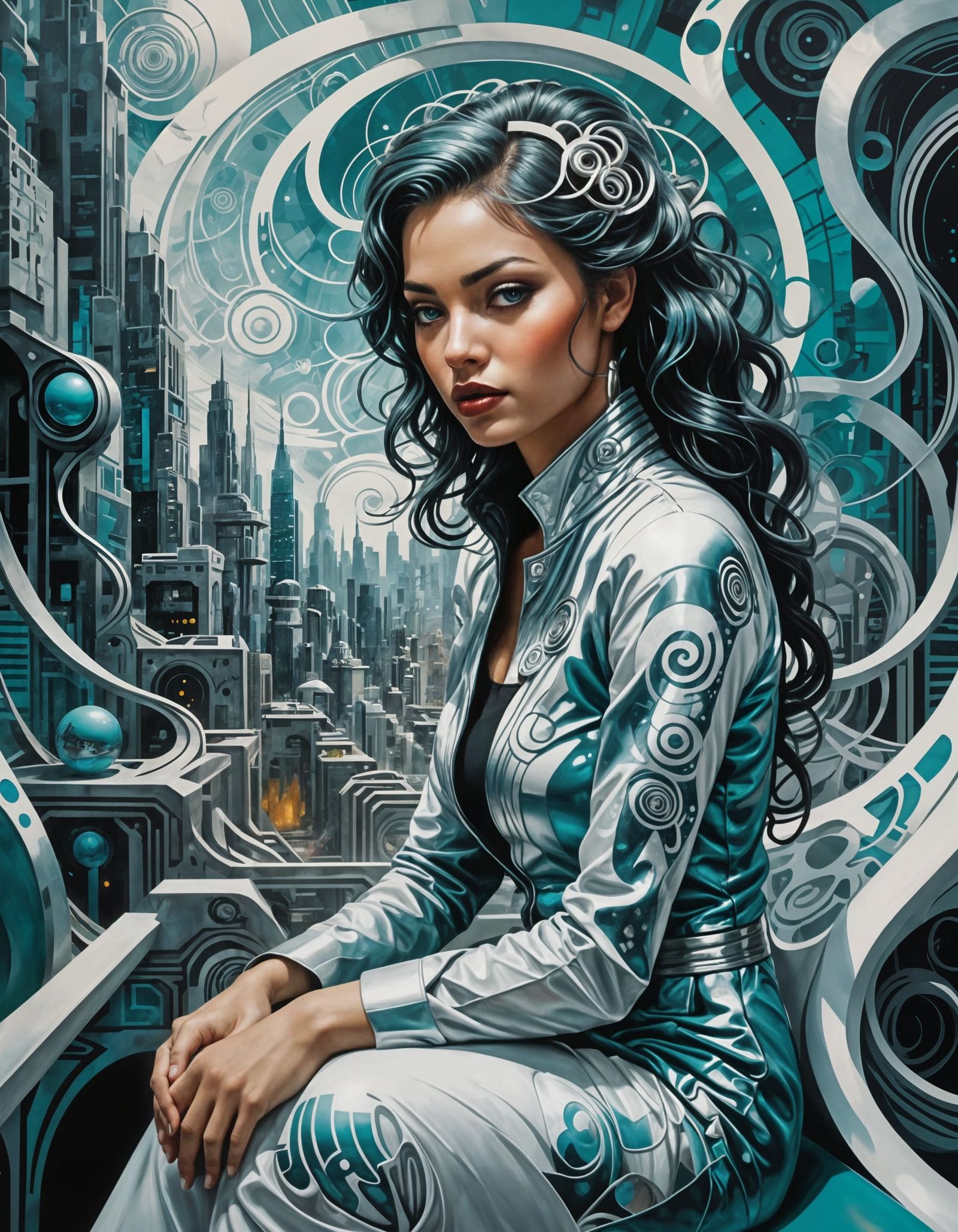 Futuristic Cityscape with Metallic Swirls in Op Art