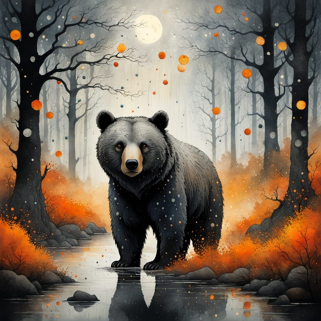 Mysterious Bear in Woods, Watercolor Poster Art