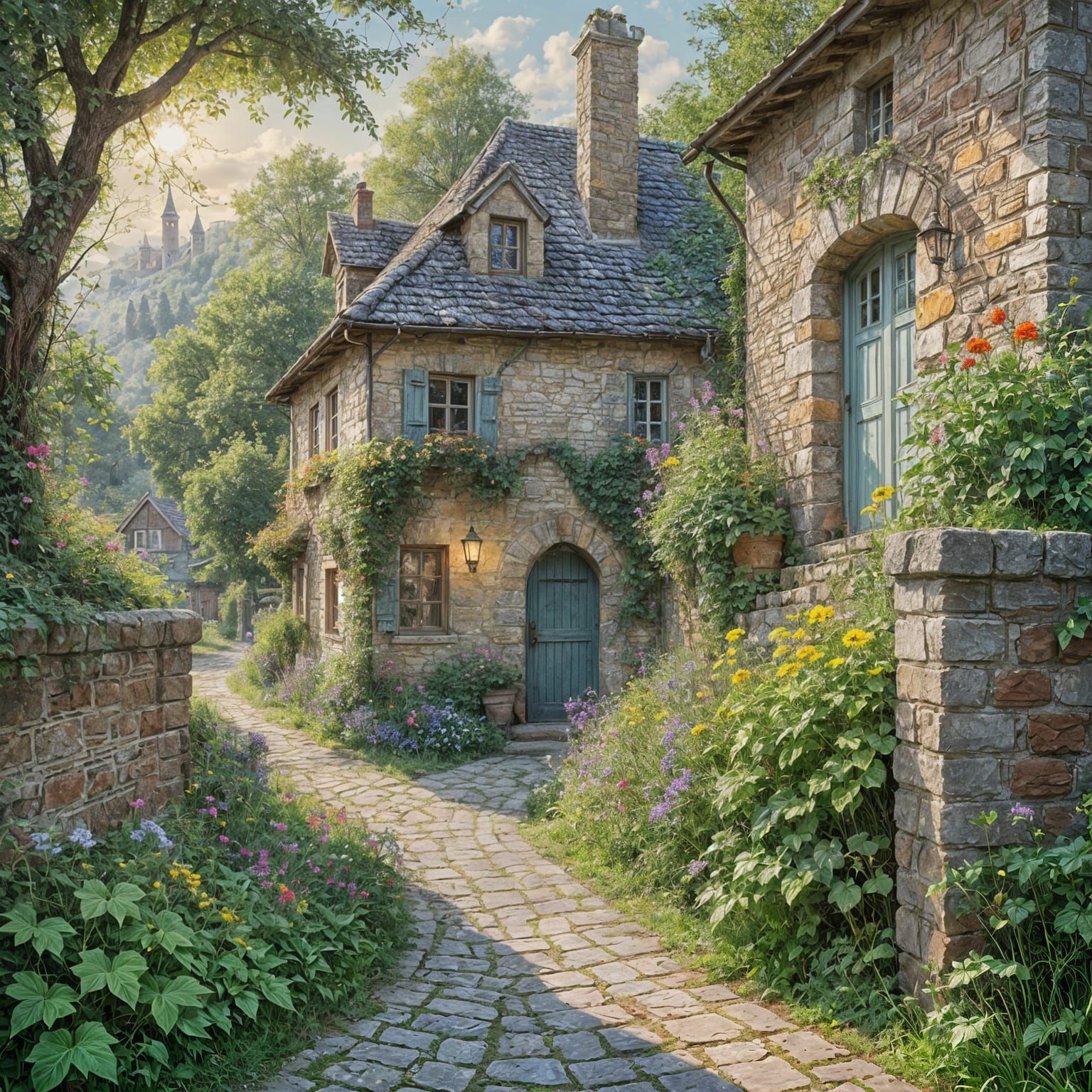 Fairytale Countryside Scene in Watercolor Style