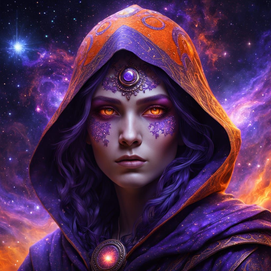 Sorceress Amidst a Vibrant Galaxy in Hyperdetailed Digital A...