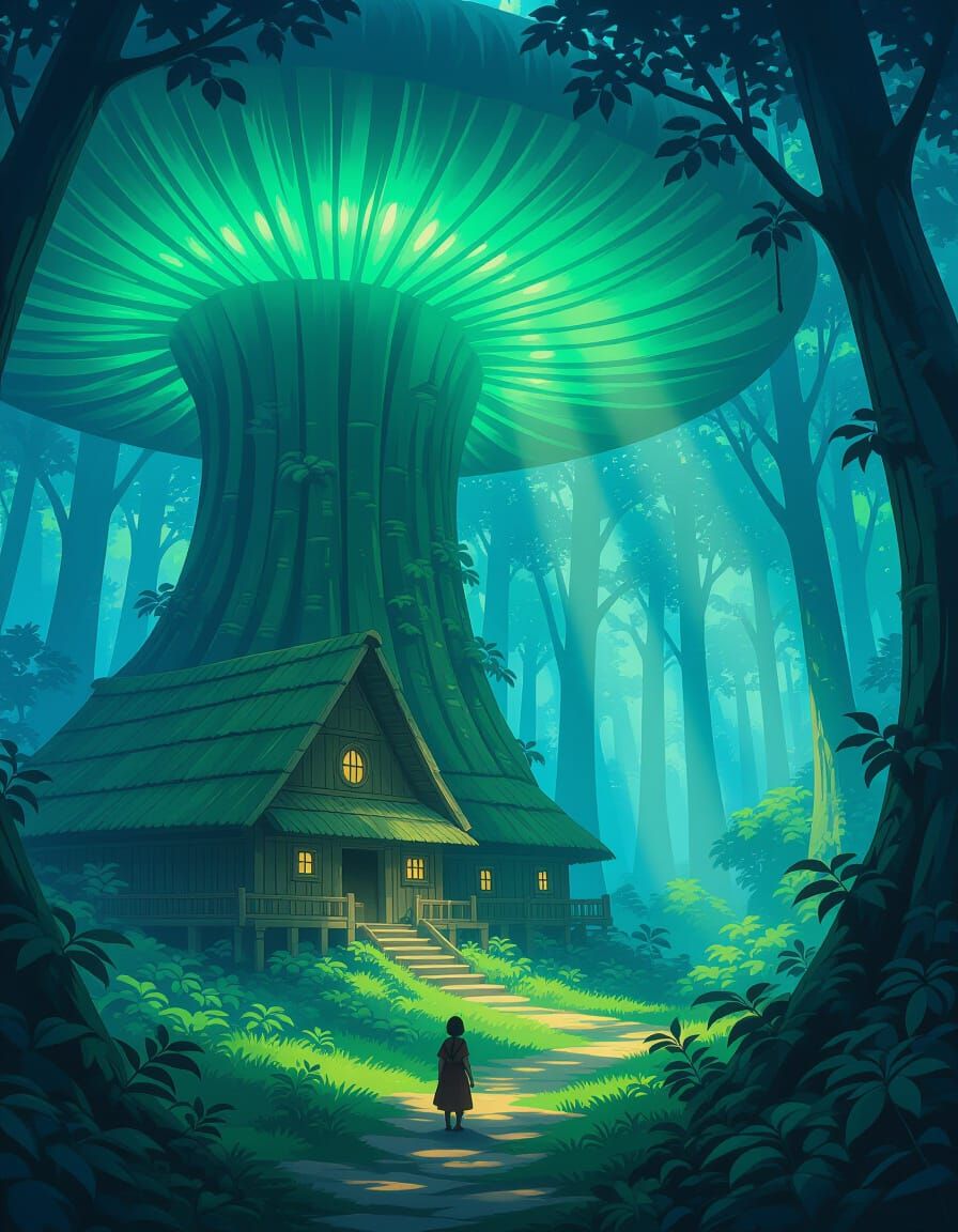 Hmong Village in Bioluminescent Mushroom Forest