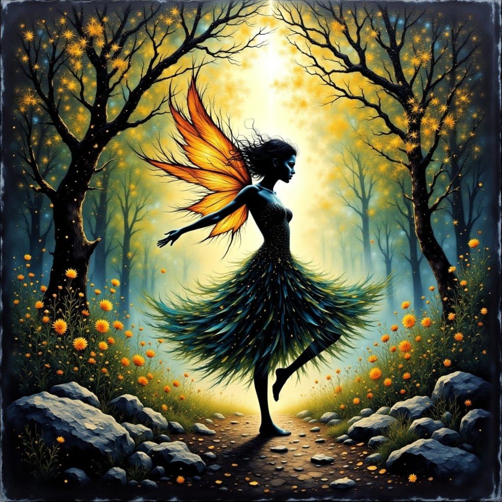 A lone figure, a whimsical forest sprite, dances gracefully in a sun-dappled glade, her gossamer wings shimmering with i...