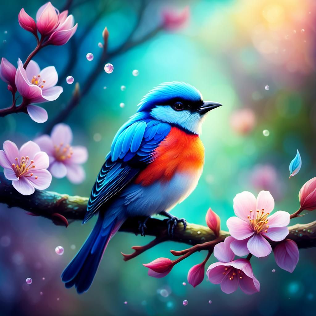 Colorful Bird on Blooming Branch in Oil Painting Style