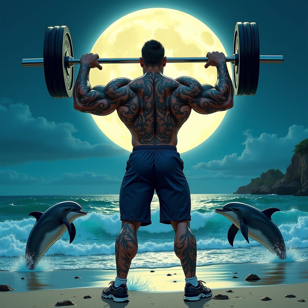 Moonlit Bodybuilder with Dolphins in Dreamlike Style
