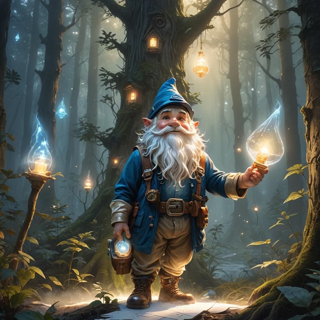 Gnome Engineer in Misty Forest, Luminous Art