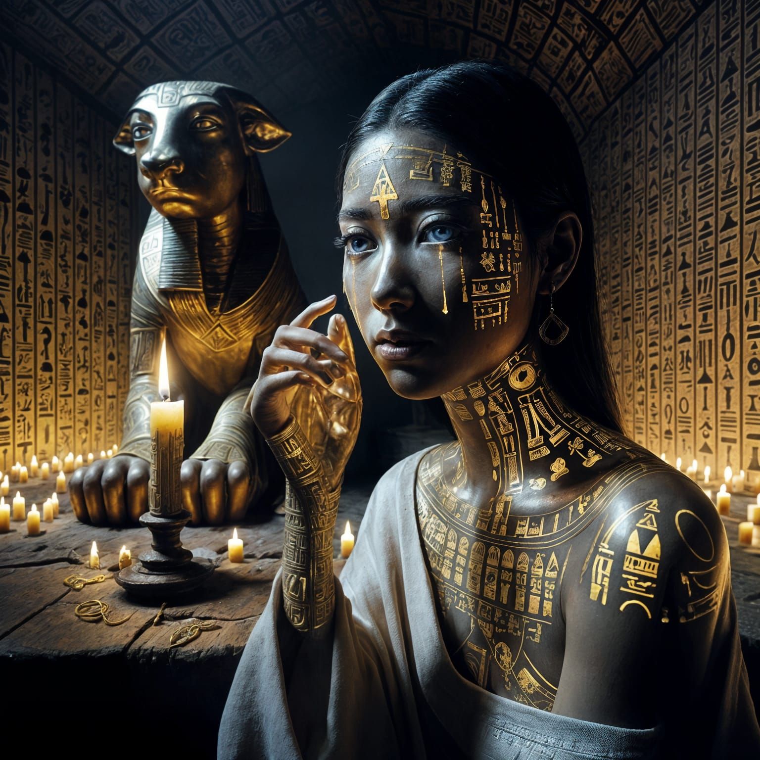 Ancient Egyptian Priestess in Golden Hieroglyphic Adornment