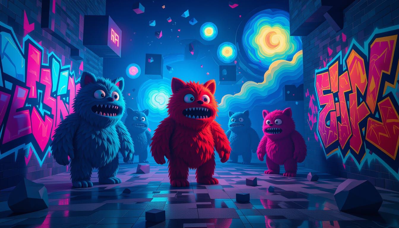Furry Monsters in Vermillion Metaverse Graffiti