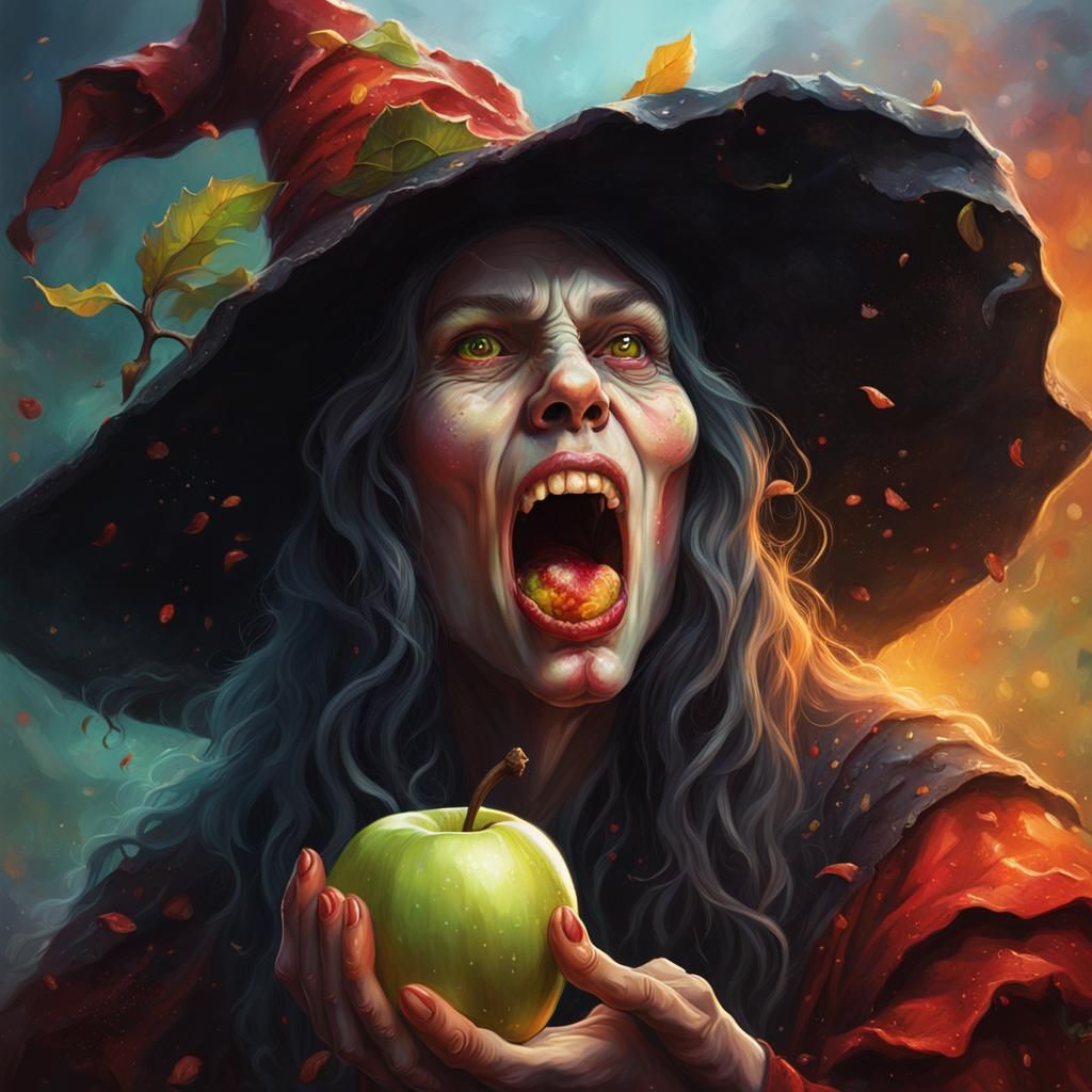 Horrendous Witch Eats Apple in Hyperrealistic Splash Art