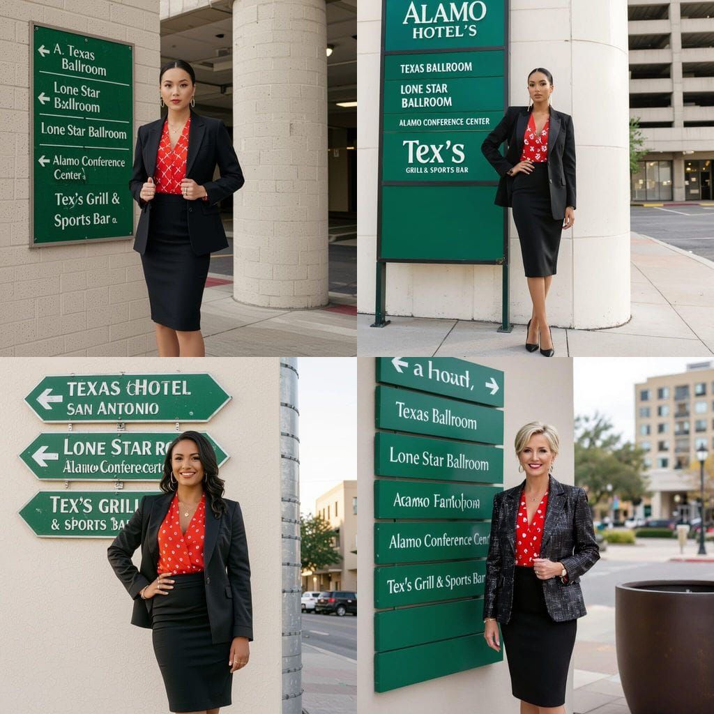 Professional Attire Against Alamo Hotel Signage