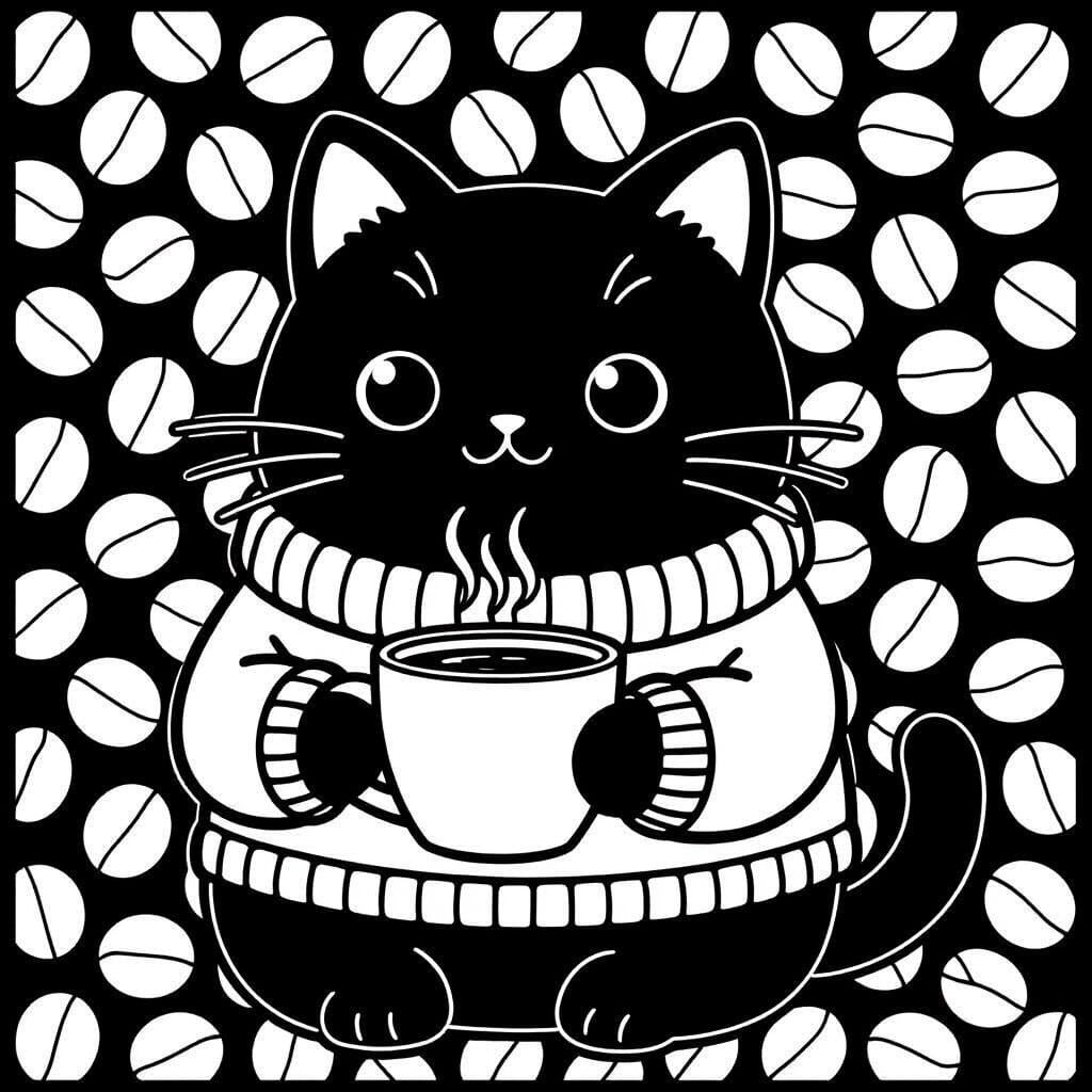 Pusheen Coloring Page: Cat with Coffee and Bean Pattern