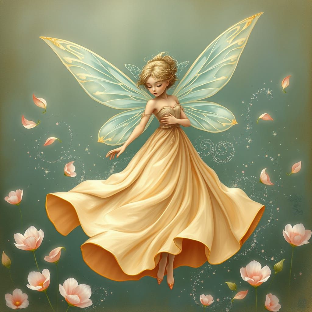 Whimsical Fairy in Silk Gown with Twinkling Dust