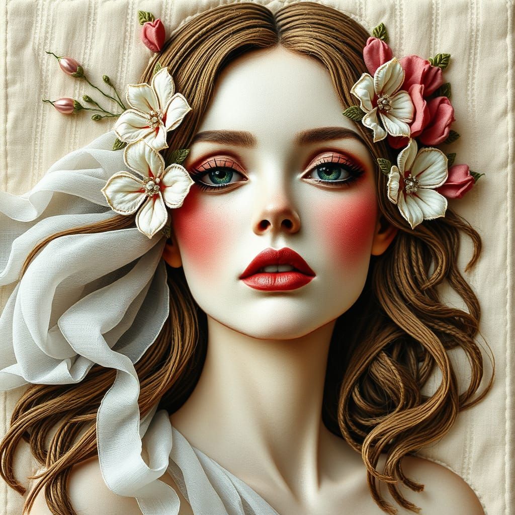 Stunning Fabric Portrait with Organza Hair and Brocade Stitc...