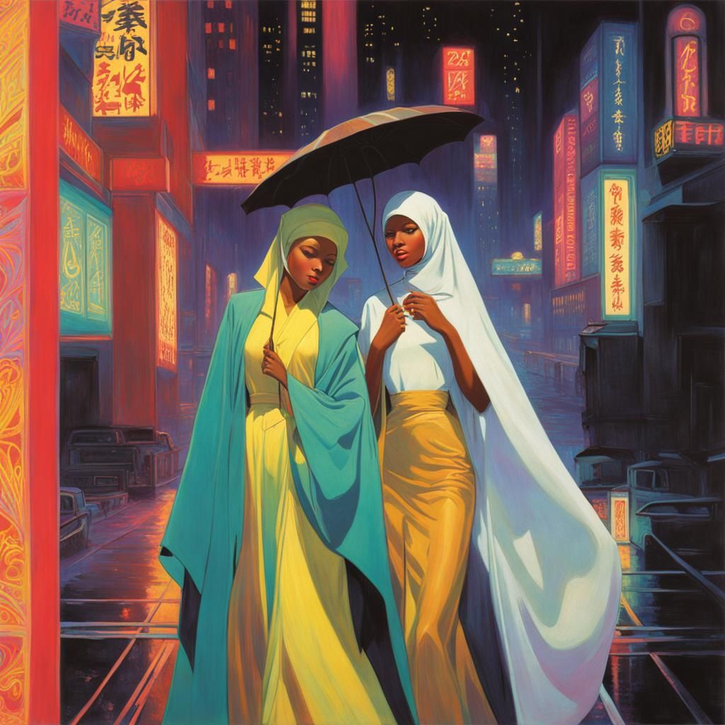 art by Abdur-Rahman Chughtai, Dante Gabriel Rossetti, futuristic lesbian pulp fiction, two women in a neon-lit Tokyo of ...