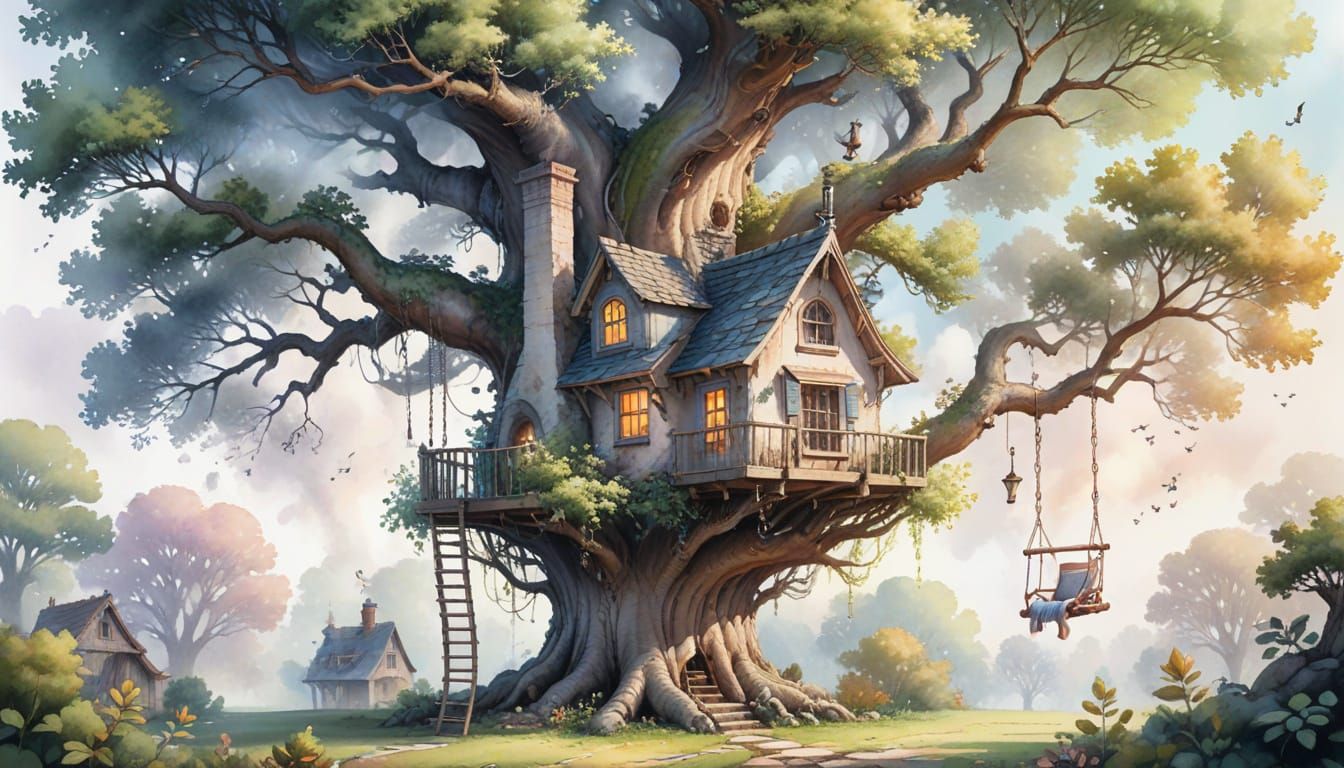 Whimsical Watercolor Treehouse in a Giant Oak
